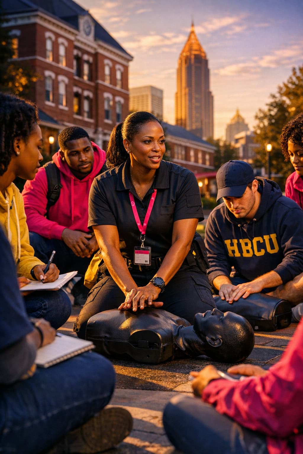 Diverse HBCU university students and a trainer engaged in a hands-on campus safety drill outdoors in Atlanta, with bold indigo, pink, and golden color tones.