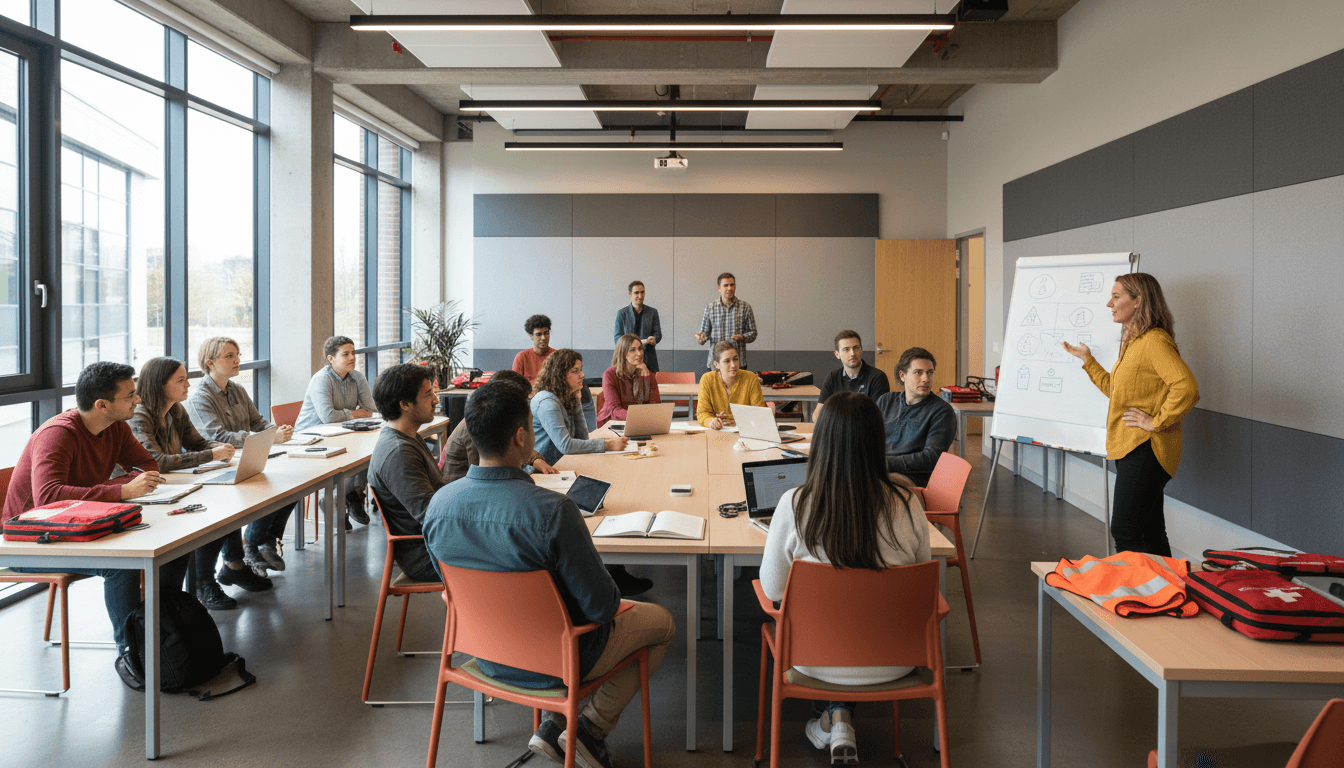 University safety training session with diverse students and staff learning campus security protocols in a modern classroom setting