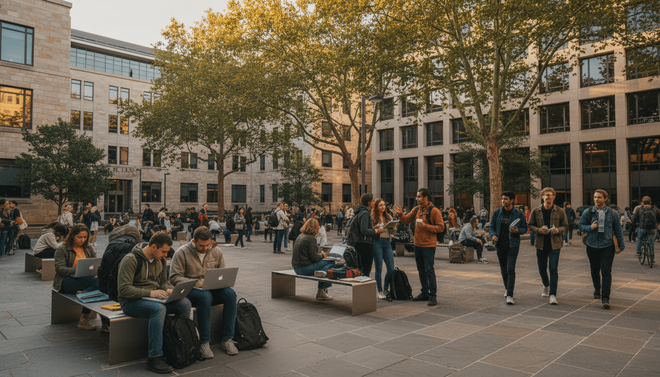 Diverse university students and staff gathering in a safe, welcoming campus courtyard during daytime