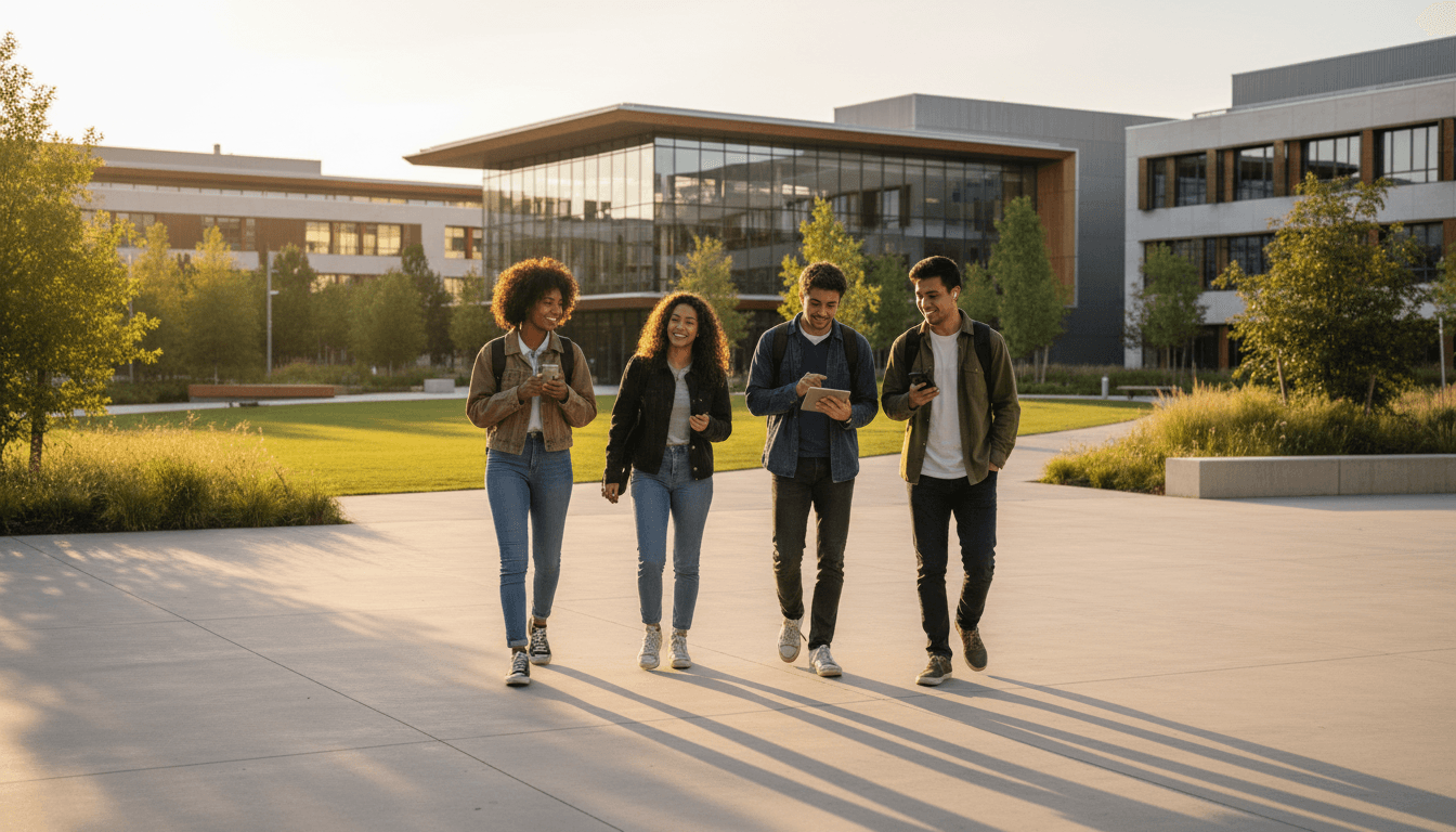 Diverse university students and staff engaged in a safety training session in a modern campus building with natural light